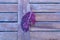 Top view closeup shot of a purplish red autumn leaf on a tiled wooden surface