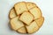 Top view closeup of slices of loaf bread carefully stacked like a small tower