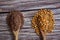 Top view closeup of two wooden spoons overflowing with brown lentils and corn kernels