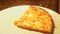 Top view closeup on white plate with two slices of meat and cheese pizza at food court