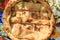 Top view closeup whole round brown homebaked lattice apple pie