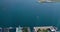 Top view from CN Tower to jetty of Lake Ontario, Canada. Slow motion shot of Lake Ontario, harbor with floating boats