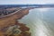 Top view of the coastal zone of the ecological reserve Kuyalnik estuary, Odessa, Ukraine. Aerial view from drone to sea estuaries