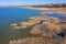 Top view of the coastal zone of the ecological reserve Kuyalnik estuary, Odessa, Ukraine. Aerial view from drone to sea estuaries