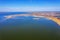 Top view of the coastal zone of the ecological reserve Kuyalnik estuary, Odessa, Ukraine. Aerial view from drone to sea estuaries