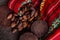 Top view of cocoa and cacao powder on a traditional metate, used in Mexican indigenous culture