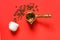 Top view of coffe beans in  cezve traditional turkish coffee pot, whte cup on red background