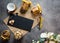 Top view coffee cup with cookies and Black marble for text on background, Top view with copyspace for your text