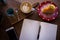 Top view coffee latte aroma cup and tasty christmas cake relaxtime waiting for idea on paper note on wood table in cafe coffee sh