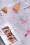 Top view of collection of sweet heart shaped cookies with love tag