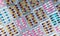 Top view of colorful antibiotic capsule pills in blister pack. Antibiotic drug resistance. Pharmaceutical industry. Pharmacy drug