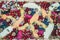 Top view of colorful buffet table with various fresh fruits and vegetables. Flat lay composition. Celebration, party