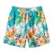 Top view of a colorful men\\\'s swim trunks with tropical design on cutout PNG transparent background. Generative AI