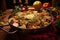 top view of colorful paella in large pan with barbecue flames