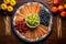 top view of colorful toothpicks next to a plate of assorted fruits