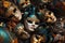 Top view of colorful Venetian masquerade masks background. Generative AI