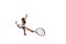 Top view. Concentrated and competitive young man in sportswear, practicing tennis game, in motion with racket, playing