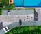 Top view concrete car parking lot, swimming pool, and garden of apartment. Aerial view of car parked at car parking area of condo