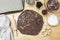 Top view of cooking process, festive Christmas gingerbread chocolate cookies. Cooking chocolate cookies or dessert