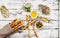 Top view crispy grissini breadsticks. Traditional Italian wheat bread with garlic, cheese and sesame seeds. Food still life