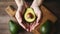 Top view of crop anonymous person holding avocado over wooden table indoor, Generative AI