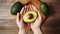 Top view of crop anonymous person holding avocado over wooden table indoor, Generative AI