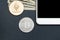 Top view crypto currency Silver Bitcoin,Ethereum and blank mobil