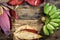 Top view Cultivated banana and banana blossom on the table.