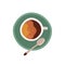 Top view of cup with saucer and tea spoon. Coffee break icon. Colored flat vector illustration of americano or espresso