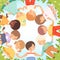 Top View of Cute Happy Kids Lying on Lawn in Circle, Little Smiling Friends Holding Hands Cartoon Vector Illustration