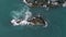 Top view of cute and heavy sea lions lying, crawling or resting on rocky rookery or breakwater surrounded by sea or