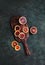 top view of cutting board with slices of blood orange