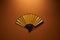 Top view of decorative black and golden fan with hieroglyphs