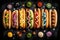 Top view of delicious hot dogs fully loaded with assorted toppings, ai generative illustration