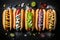 Top view of delicious hot dogs fully loaded with assorted toppings on a dark background, ai generative illustration