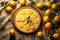 Top view delicious lemon tart and lemons on table on fabric flower pattern background Generative AI