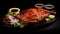 Top view delicious peking duck food plate on a black background