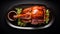 Top view delicious peking duck food plate on a black background