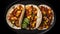 Top view delicious tacos al pastor food plate on a black background