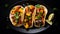 Top view delicious tacos al pastor food plate on a black background
