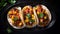 Top view delicious tacos al pastor food plate on a black background