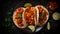 Top view delicious tacos al pastor food plate on a black background