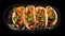 Top view delicious tacos al pastor food plate on a black background