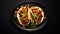 Top view delicious tacos al pastor food plate on a black background