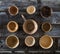 Top view, design collection of bowls set on genuine wood