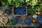 Top view of a diverse array of blueberries presented in rustic containers, nestled amidst vibrant garden greenery. Generative AI
