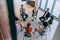 Top view of a diverse group of young business entrepreneurs gathered in a circle for a meeting, discussing corporate