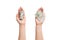 Top view of dollar bills in tubes in female hands on white isolated background. Business concept