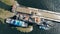 Top view of dredging boats getting sand from the water