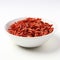 top view of dried krill in a wooden bowl white background , generated by AI